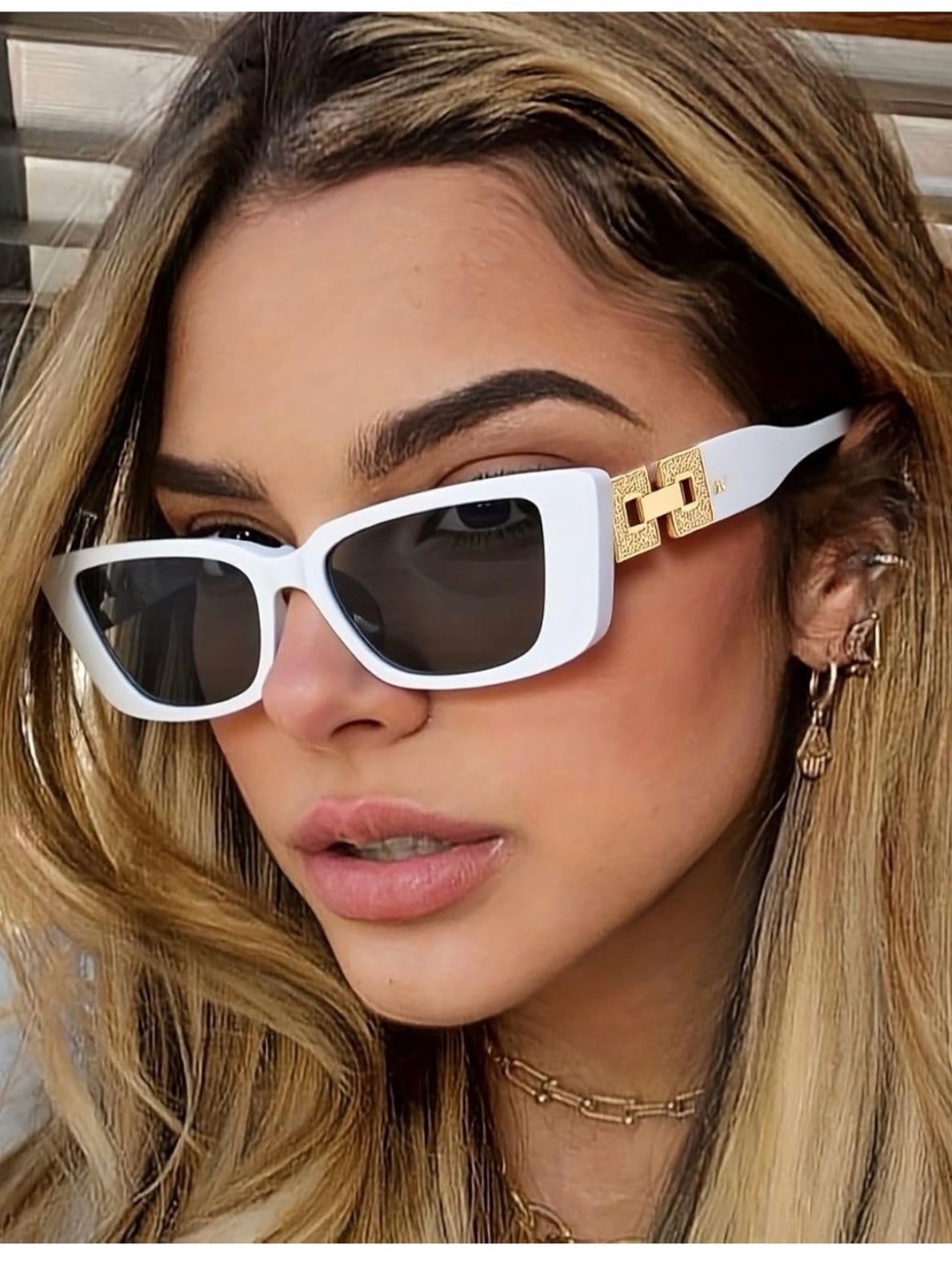 Unisex White Rectangular Sunglasses with Gold Accent - Designer Style